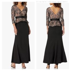 JS Collection Women's V Neck Lace Peplum Gown